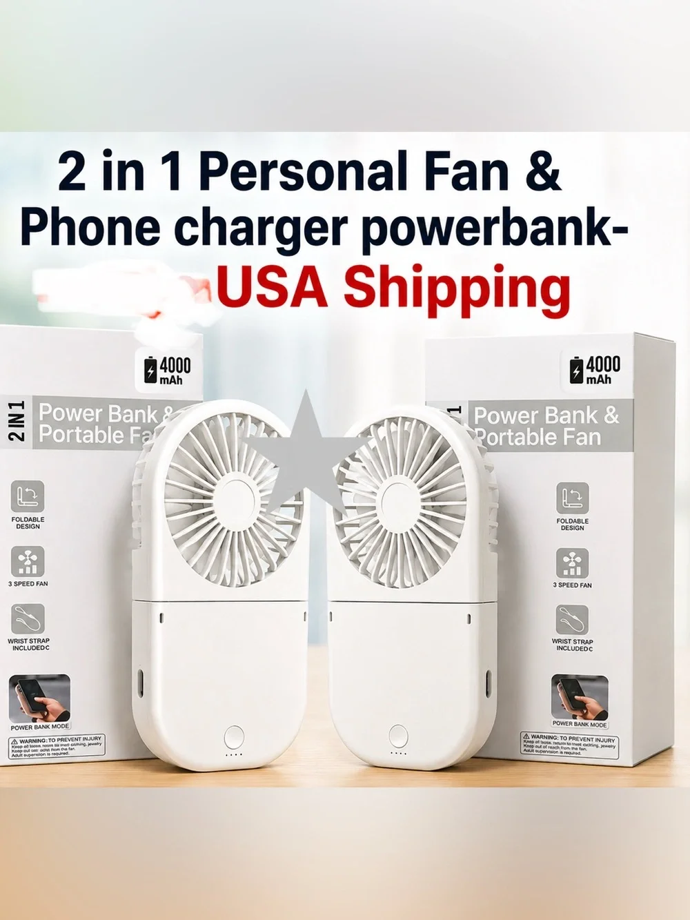Essentials White 2-in-1 Personal Fan & Power Bank - 4000mAh lot/2